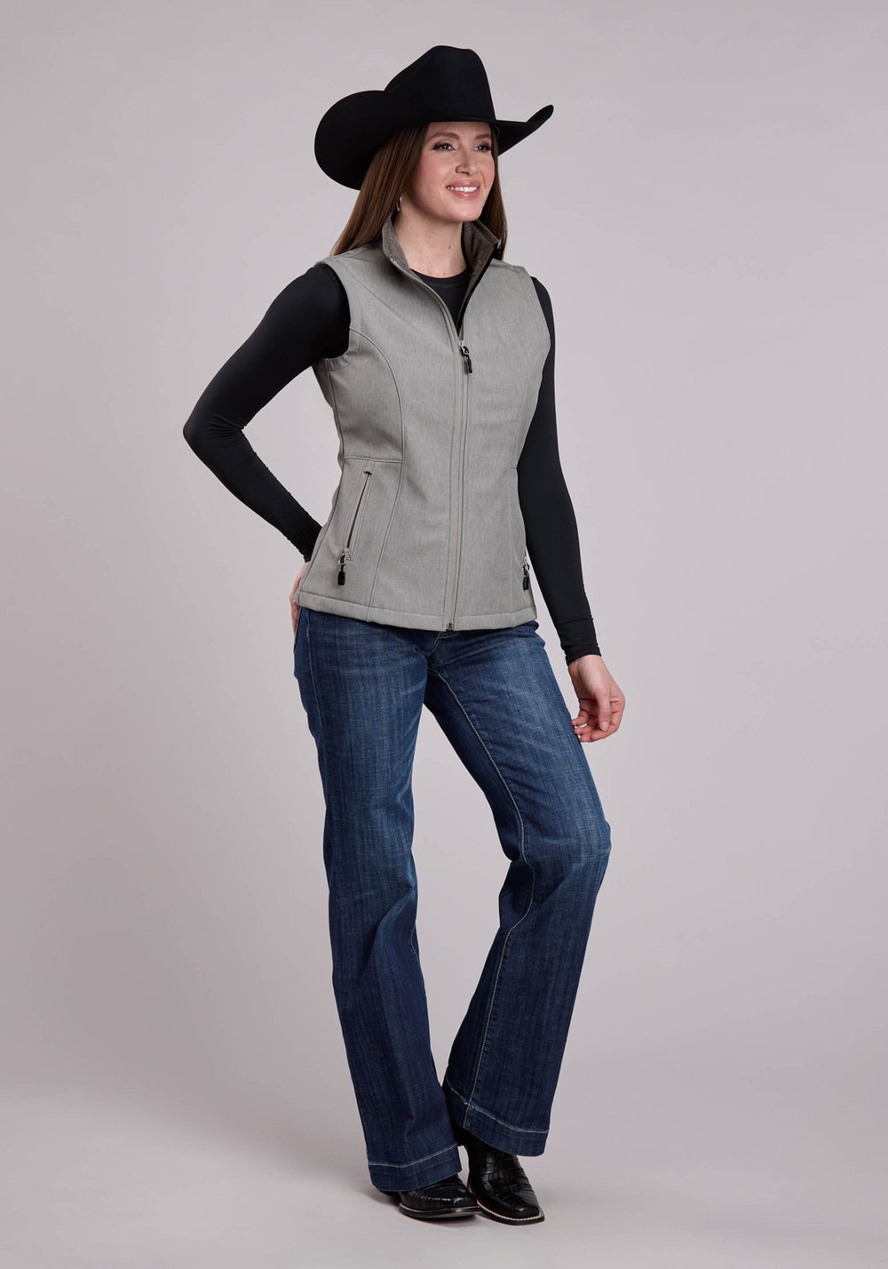 WOMENS VEST ZIPPER CREAM GREY STRIPE WESTERN VEST