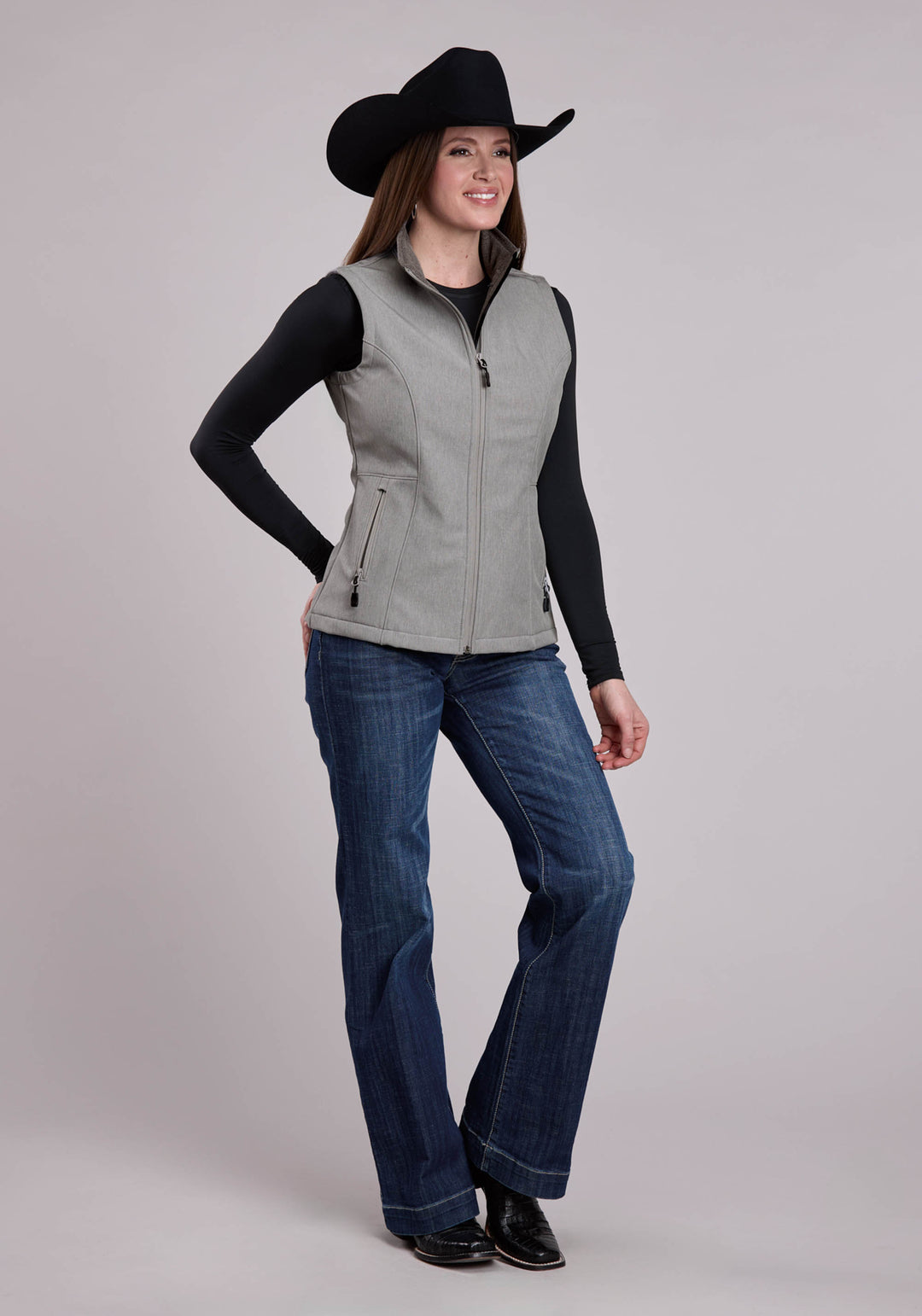 WOMENS VEST ZIPPER CREAM GREY STRIPE WESTERN VEST