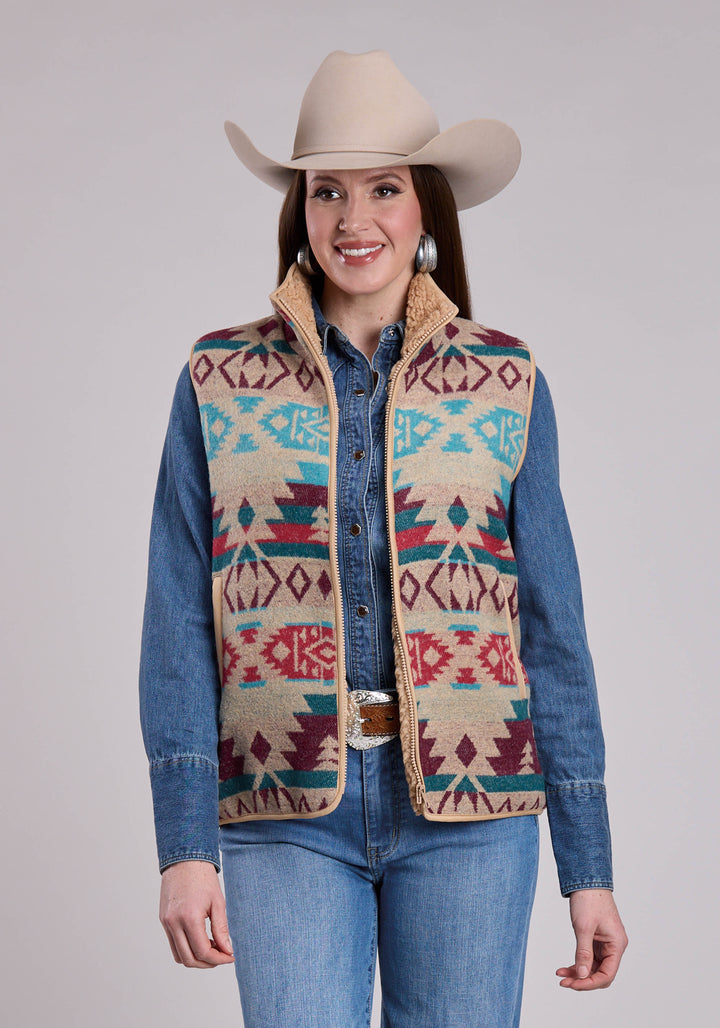 WOMENS VEST ZIPPER WOVEN AZTEC CREAM CO TURQUOISE WESTERN VEST