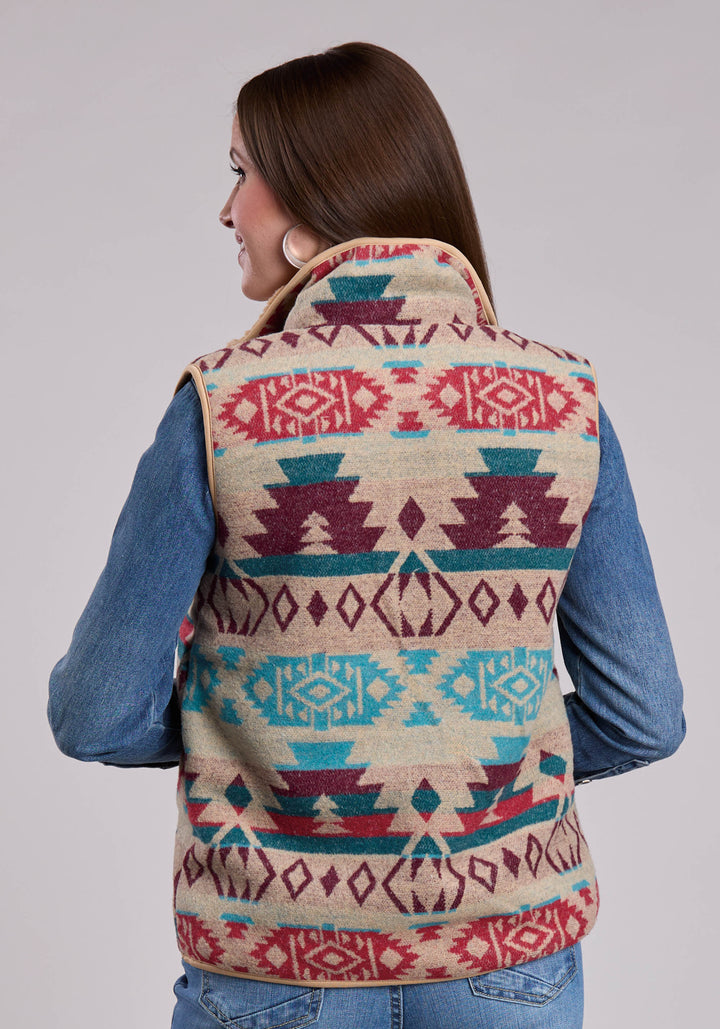WOMENS VEST ZIPPER WOVEN AZTEC CREAM CO TURQUOISE WESTERN VEST