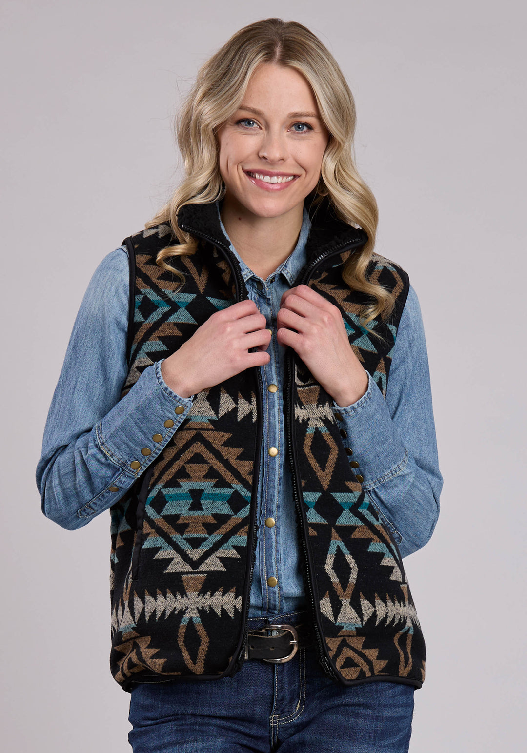 WOMENS VEST ZIPPER WOVEN AZTEC BLACK TURQUOISE BR WESTERN VEST