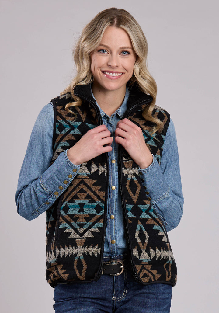 WOMENS VEST ZIPPER WOVEN AZTEC BLACK TURQUOISE BR WESTERN VEST