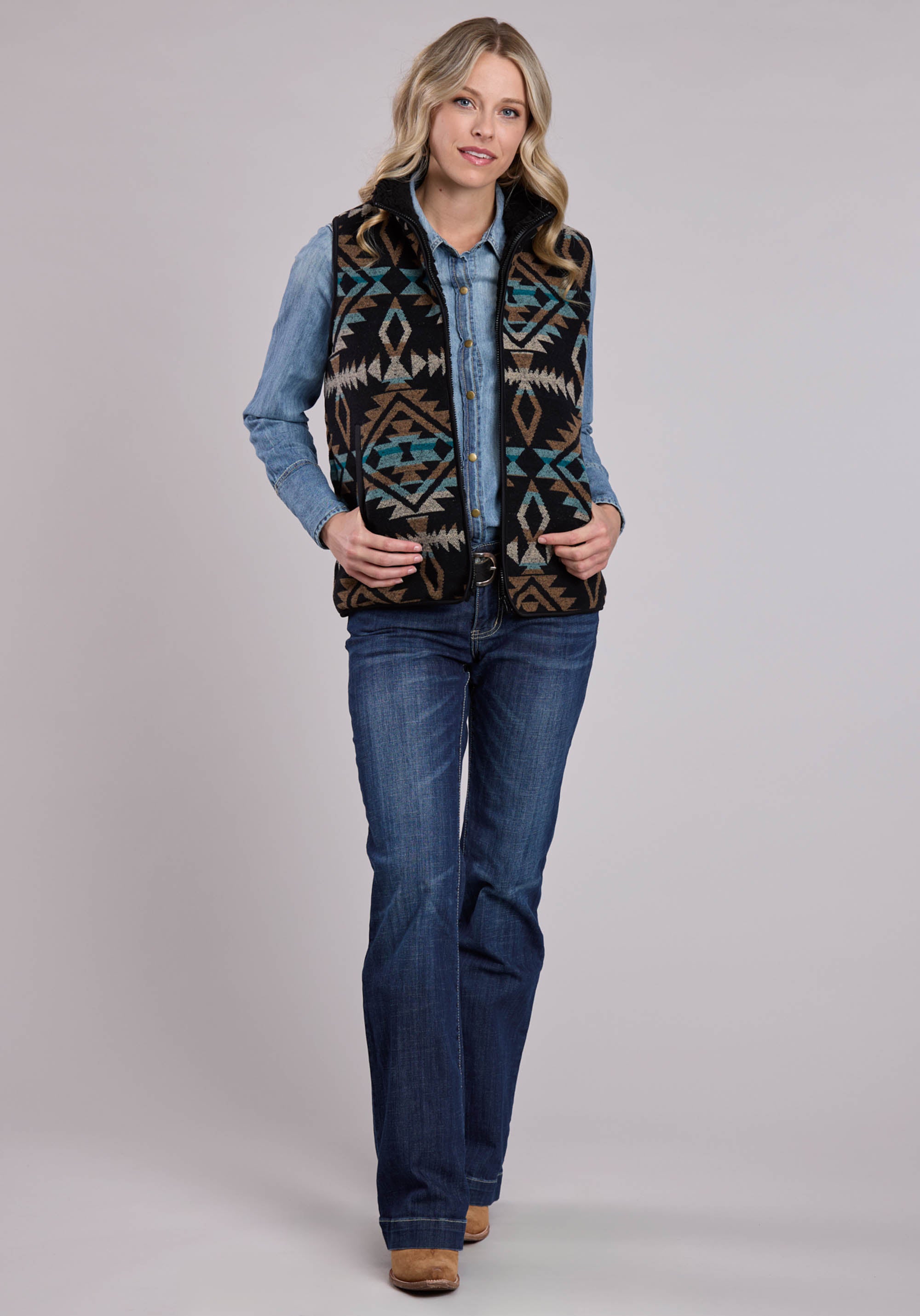 Womens Vest Zipper Woven Aztec Black Turquoise Br Western Vest