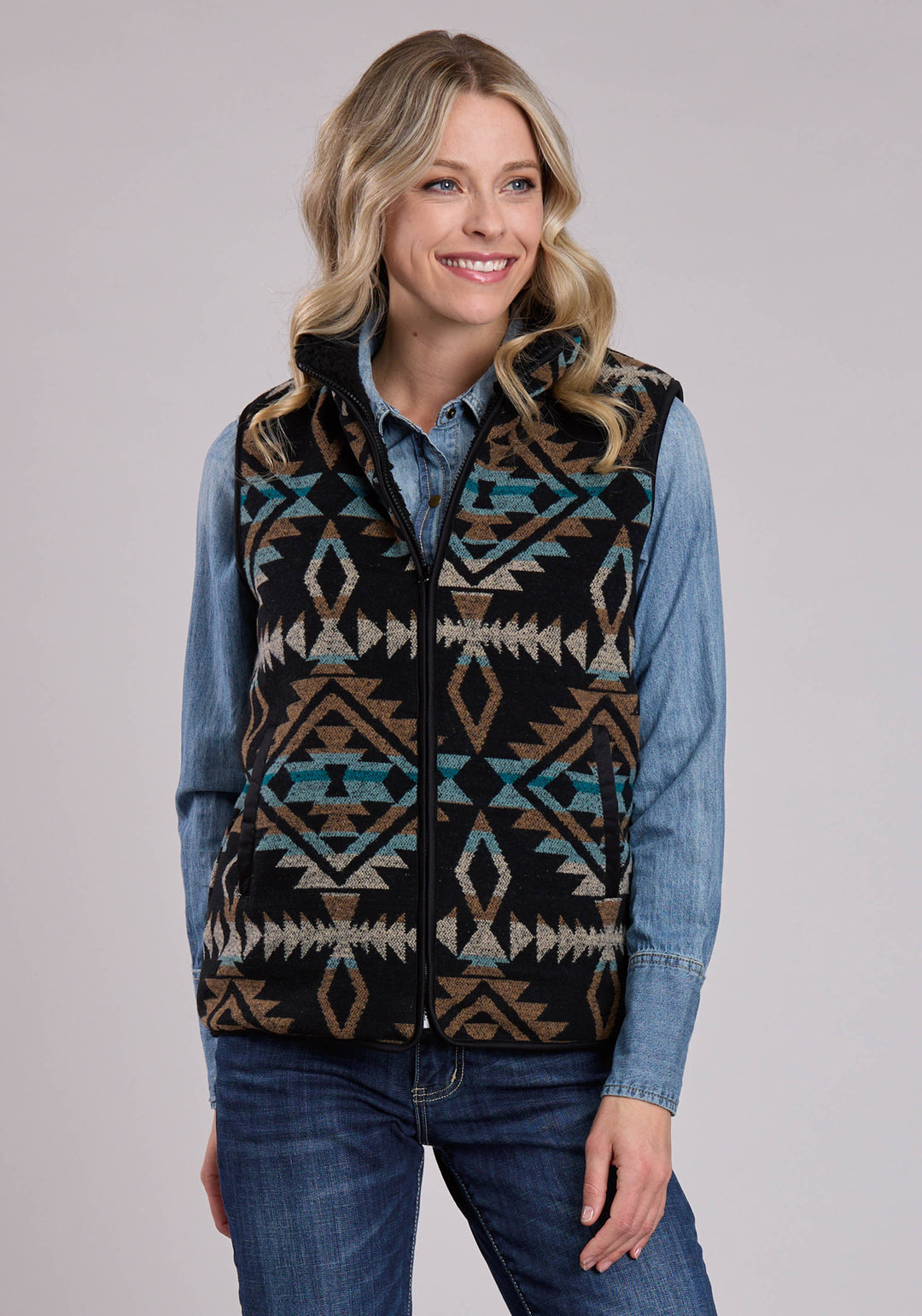 WOMENS VEST ZIPPER WOVEN AZTEC BLACK TURQUOISE BR WESTERN VEST
