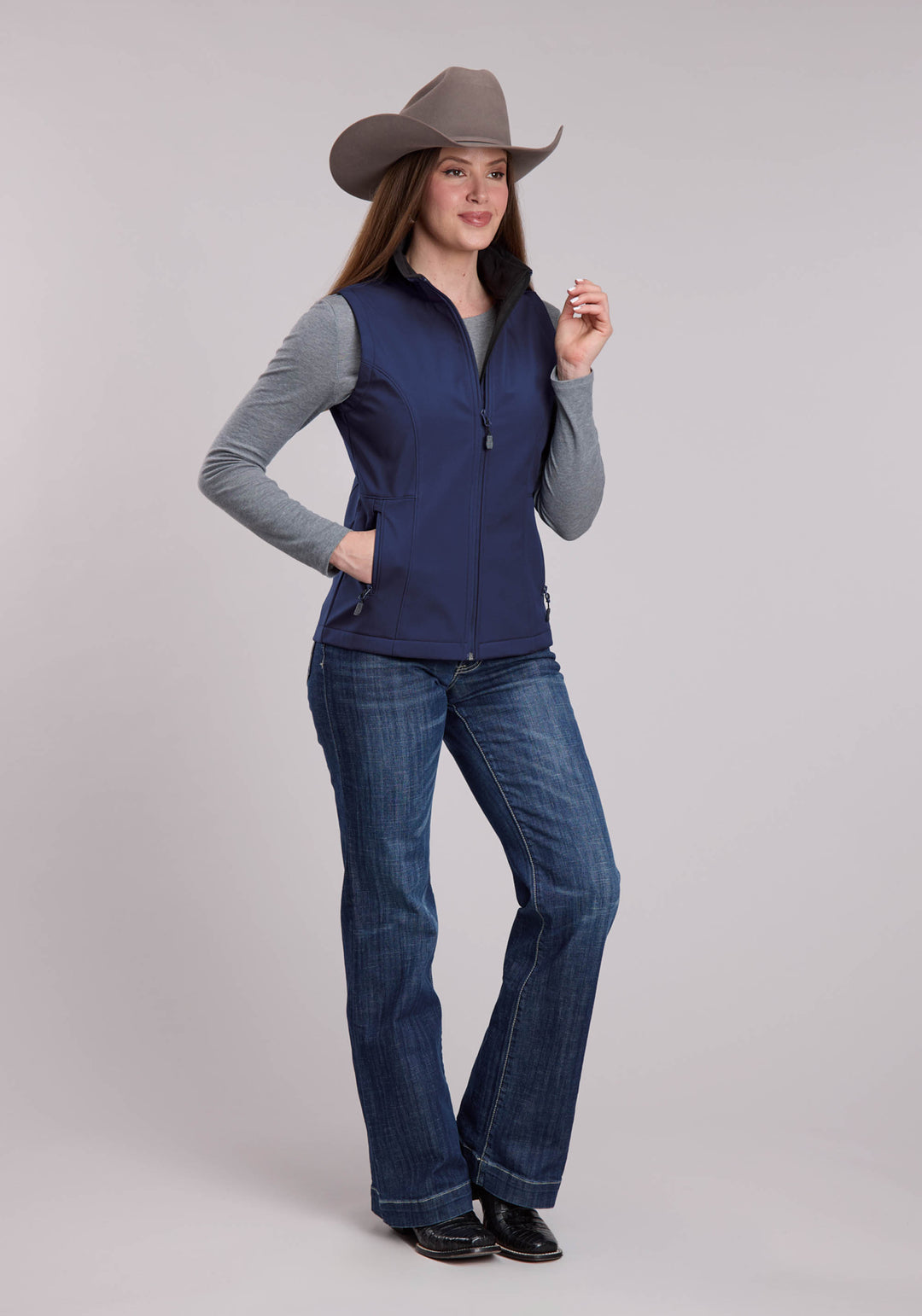 WOMENS ROPER NAVY WINDOWPANE SOFTSHELL WESTERN VEST