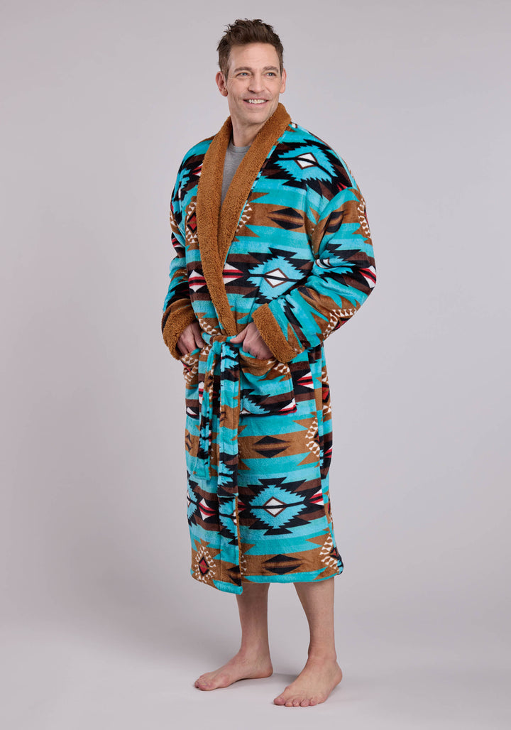 MENS TURQ AZTEC PRINTED FLEECE ROBE ONE PIECE PULLOVER ONE PIECE