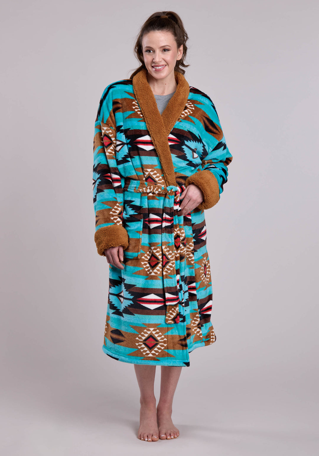 WOMENS TURQ AZTEC PRINTED FLEECE ROBE ONE PIECE PULLOVER ONE PIECE