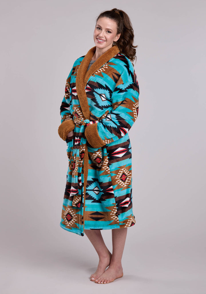 WOMENS TURQ AZTEC PRINTED FLEECE ROBE ONE PIECE PULLOVER ONE PIECE