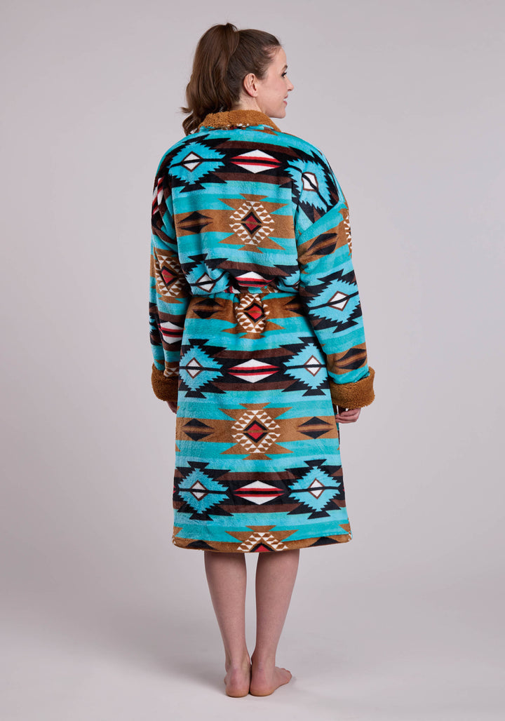 WOMENS TURQ AZTEC PRINTED FLEECE ROBE ONE PIECE PULLOVER ONE PIECE