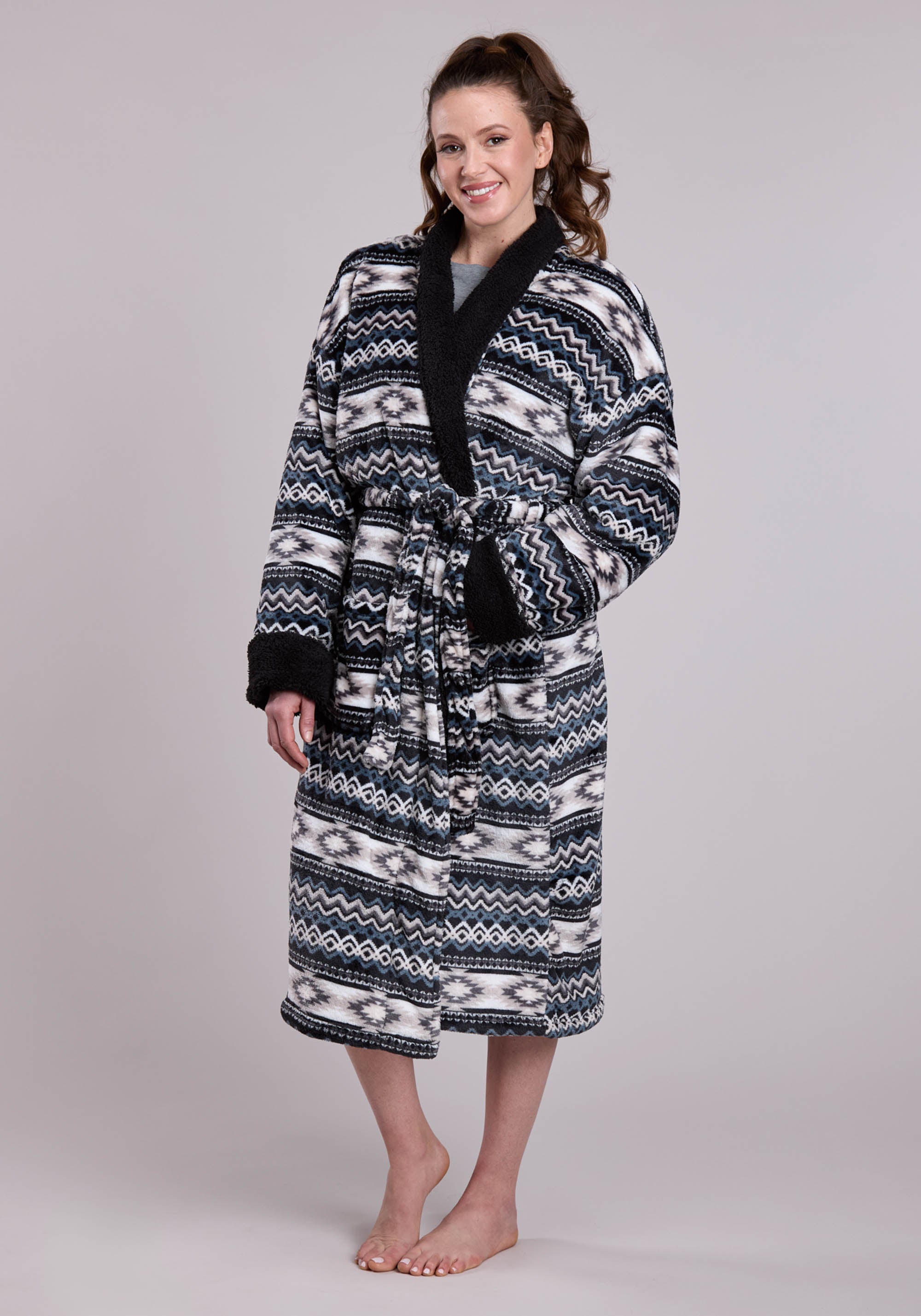 Womens Black White Printed Fleece Robe One Piece Pullover One Piece ...