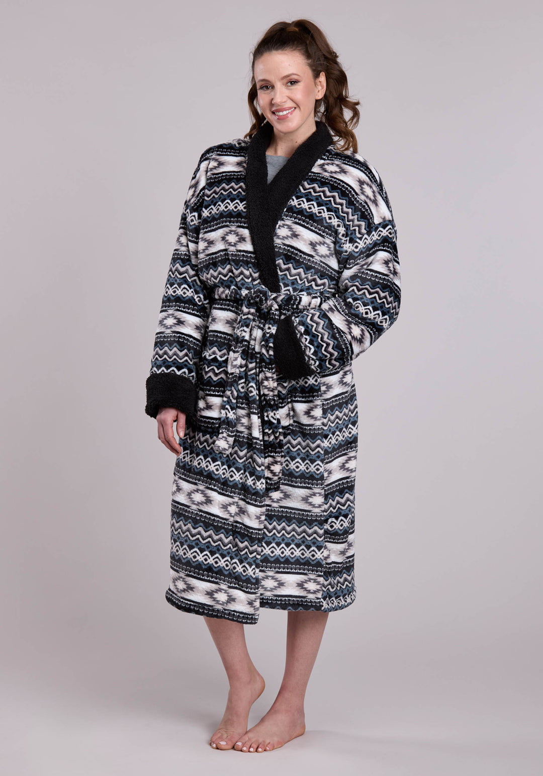 WOMENS BLACK WHITE PRINTED FLEECE ROBE ONE PIECE PULLOVER ONE PIECE