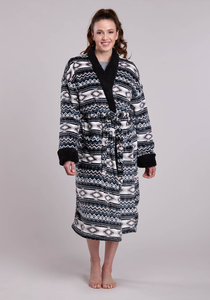 WOMENS BLACK WHITE PRINTED FLEECE ROBE ONE PIECE PULLOVER ONE PIECE