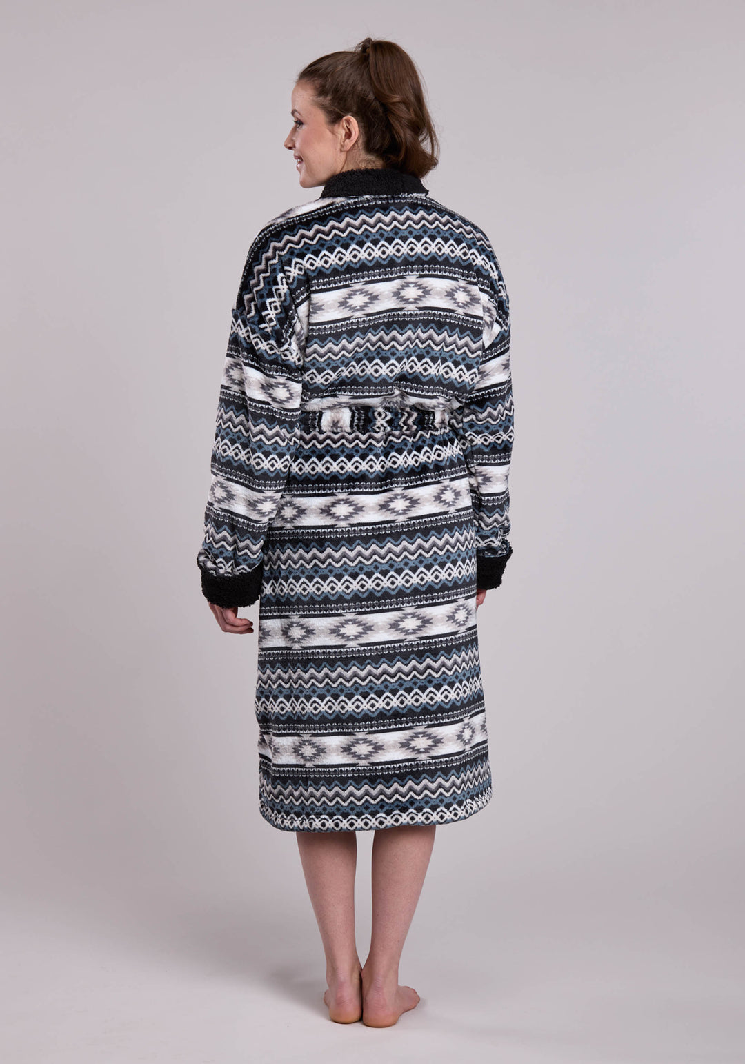 WOMENS BLACK WHITE PRINTED FLEECE ROBE ONE PIECE PULLOVER ONE PIECE