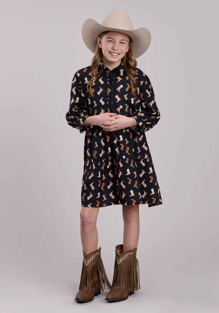 GIRLS SHORT SLEEVE DRESS BUTTON BOOT PRINTED RAYON BABYDOLL WESTERN DRESS