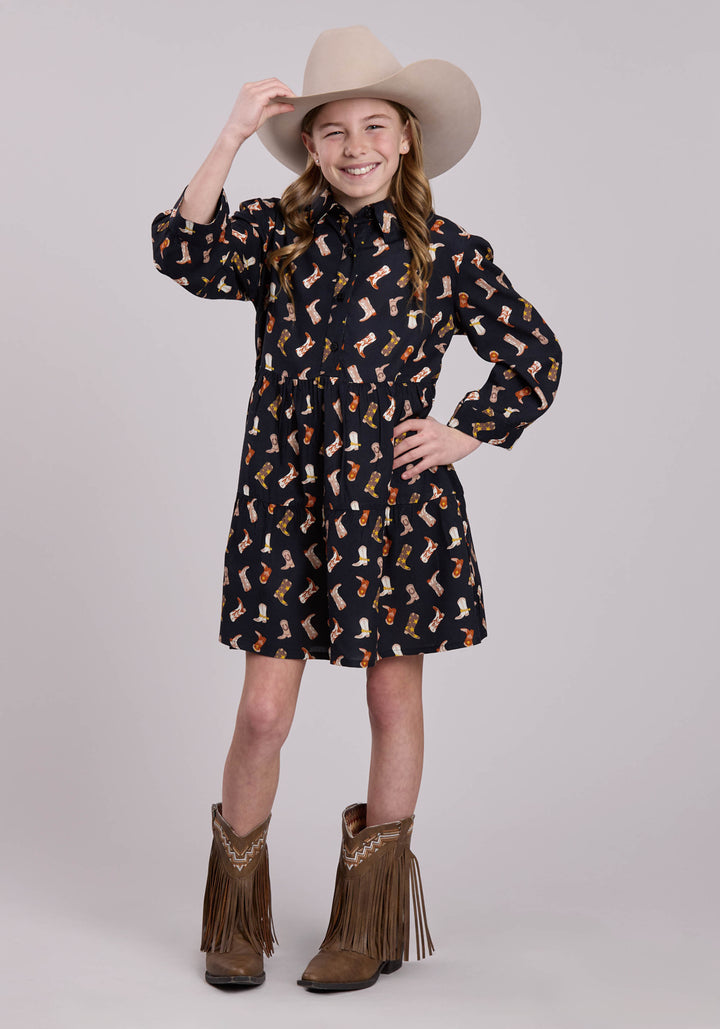 GIRLS SHORT SLEEVE DRESS BUTTON BOOT PRINTED RAYON BABYDOLL WESTERN DRESS
