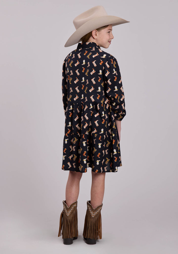 GIRLS SHORT SLEEVE DRESS BUTTON BOOT PRINTED RAYON BABYDOLL WESTERN DRESS