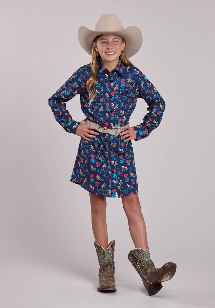 GIRLS ROPER NAVY ROSES PRINTED RAYON LONG SLEEVE DRESS