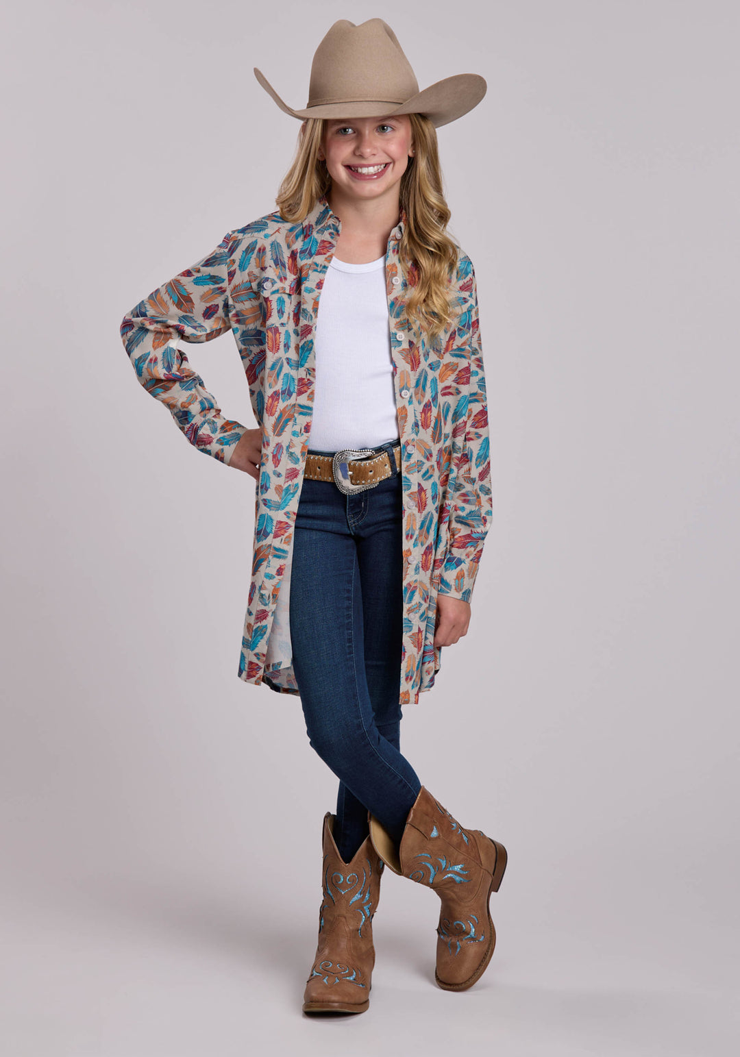 GIRLS ROPER FEATHERS PRINTED WESTERN DRESS