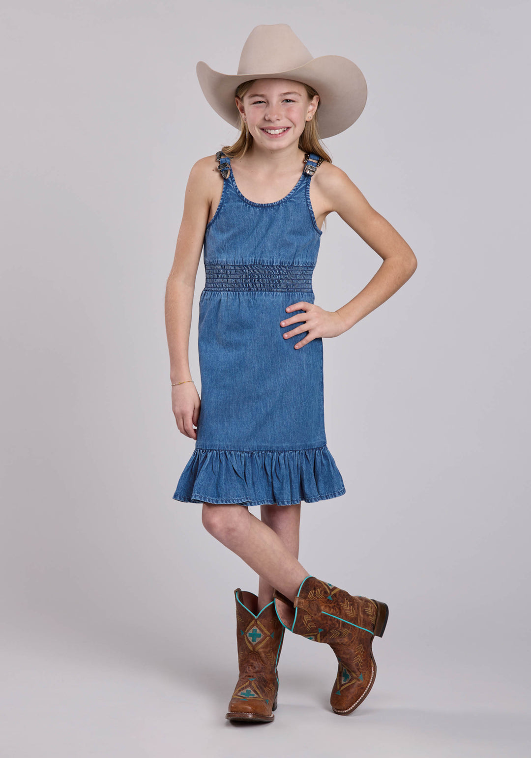 GIRLS SLEEVELESS DRESS PULLOVER DK BLUE DENIM TANK WESTERN DRESS