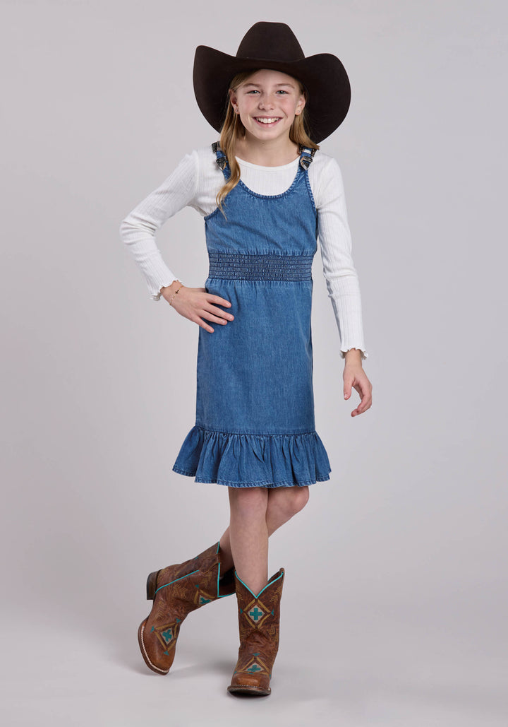 GIRLS SLEEVELESS DRESS PULLOVER DK BLUE DENIM TANK WESTERN DRESS