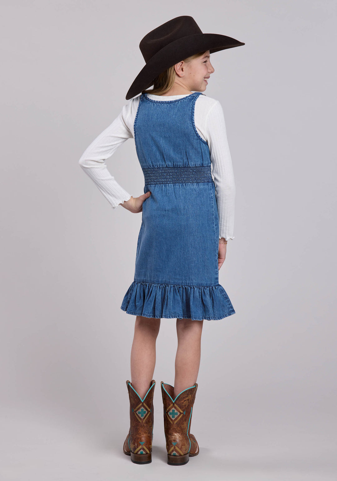 GIRLS SLEEVELESS DRESS PULLOVER DK BLUE DENIM TANK WESTERN DRESS