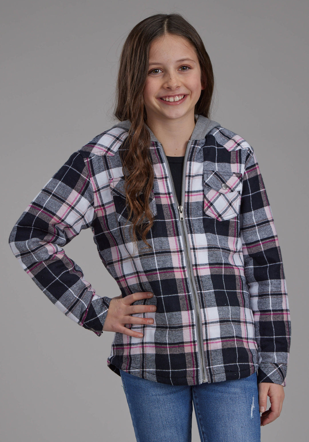 GIRLS THERMAL LINED FLANNEL SHIRT SNAP JACKET
