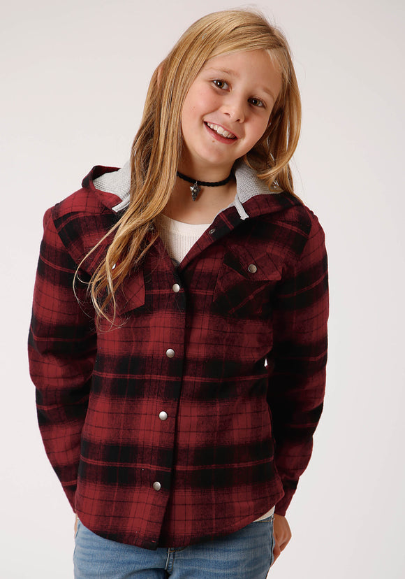 GIRLS LONG SLEEVE SNAP CRANBERRY PLAID WESTERN SHIRT JACKET