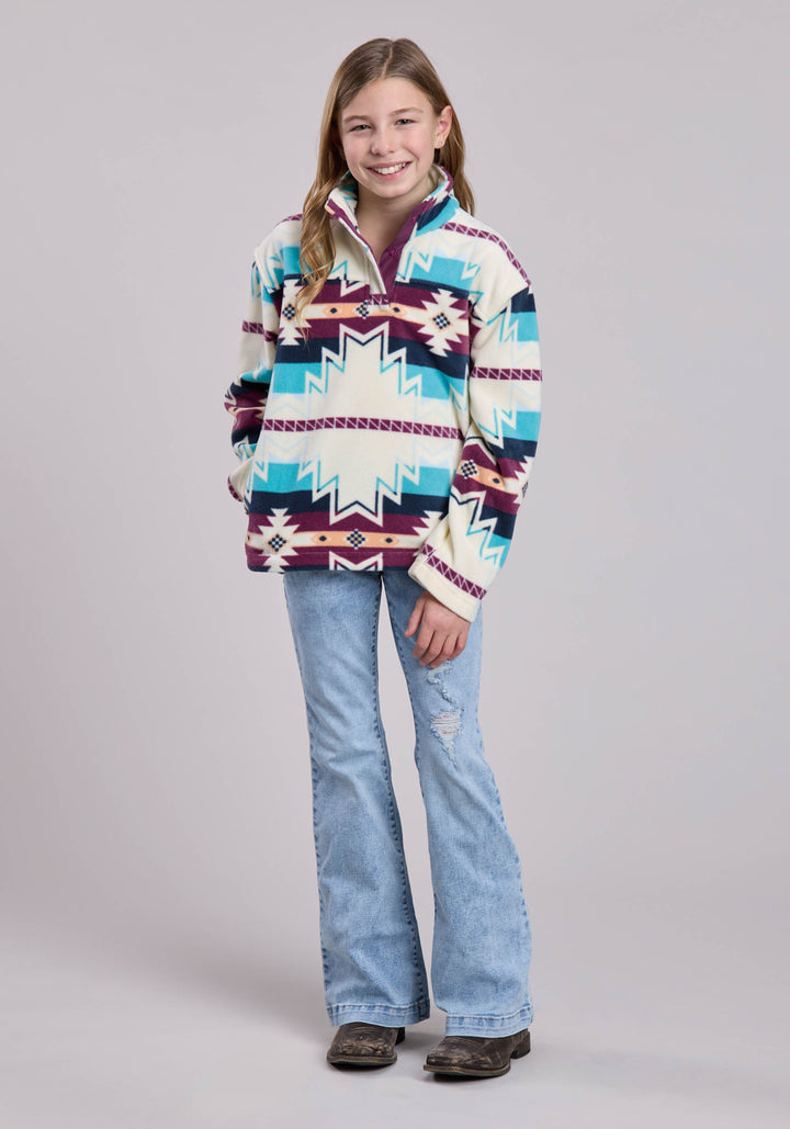 GIRLS JACKET SNAP LARGE AZTEC PRINT FLEECE PULLOVER WESTERN JACKET