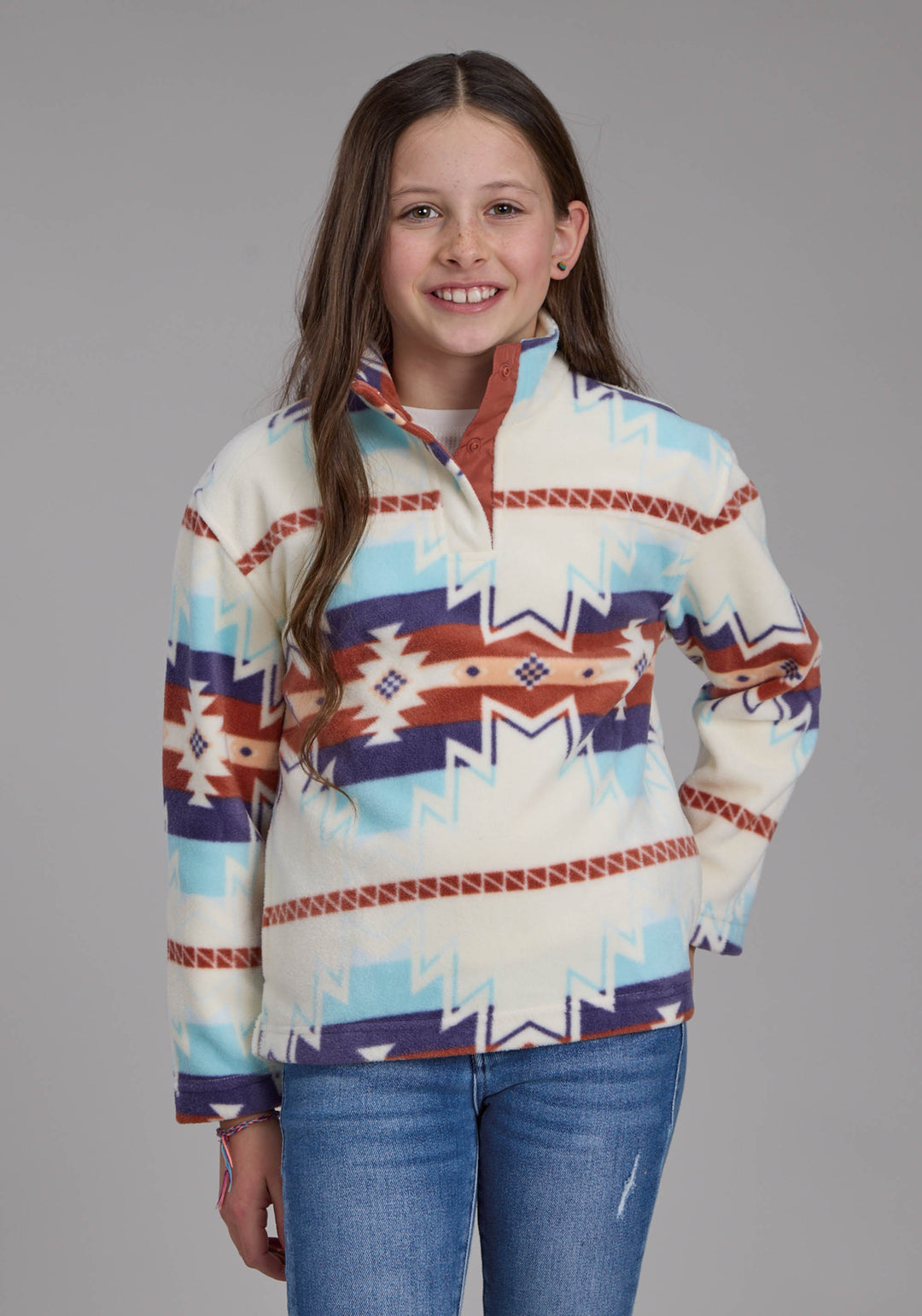 GIRLS LG CREAM AZTEC PRINTED FLEECE SNAP JACKET