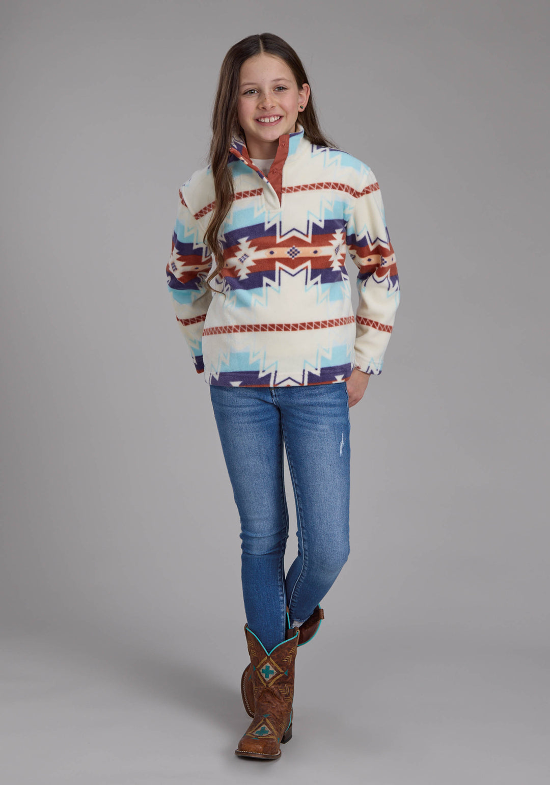 GIRLS LG CREAM AZTEC PRINTED FLEECE SNAP JACKET