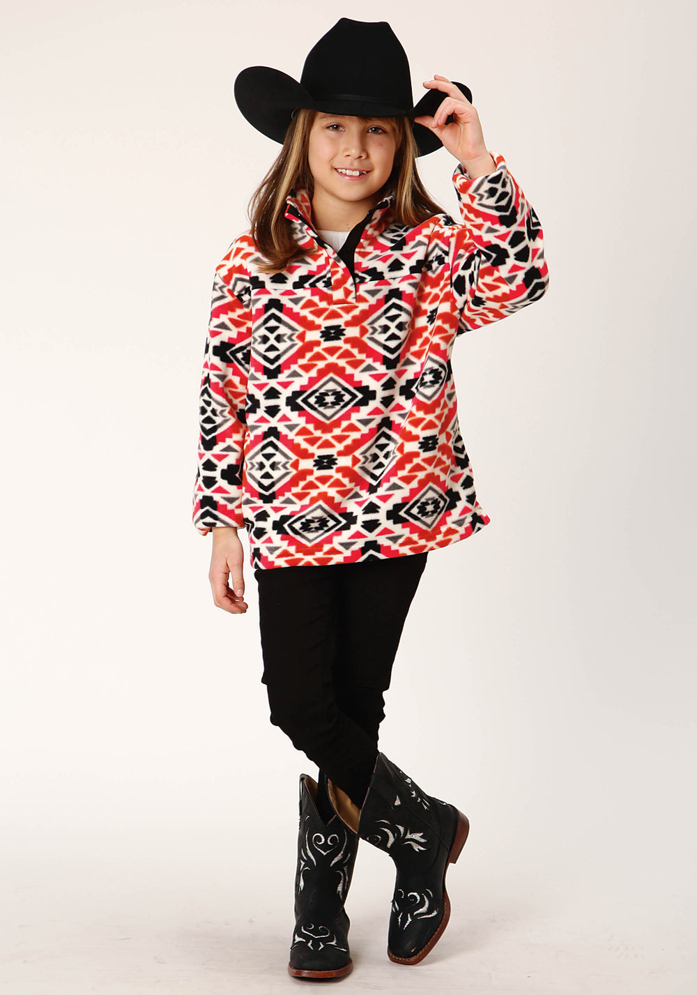 GIRLS WOMENS  GREY ORANGE PINK AZTEC PRINT POLAR FLEECE PULLOVER