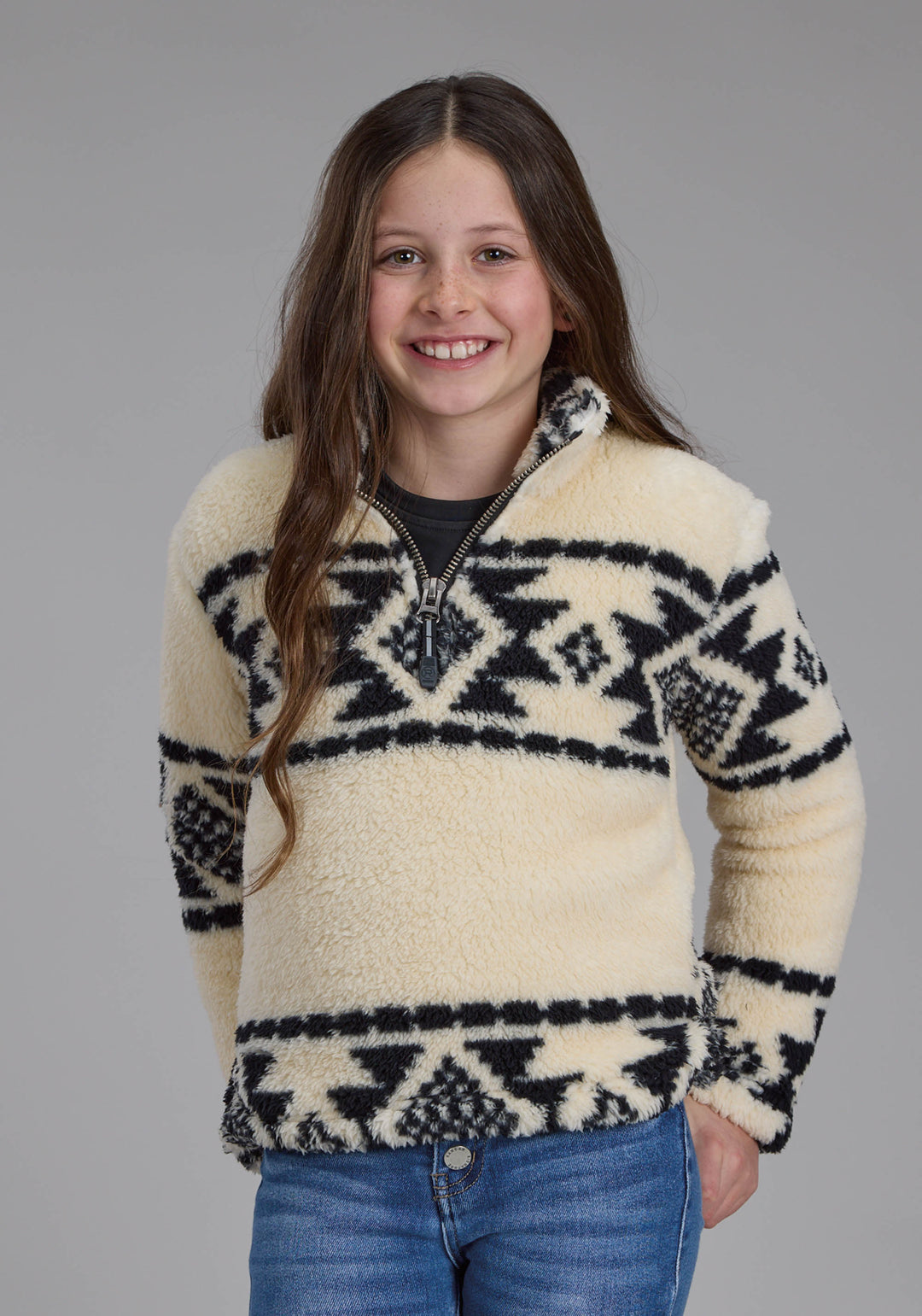 GIRLS BLACK CREAM AZTEC STRIPE SNAP JACKET