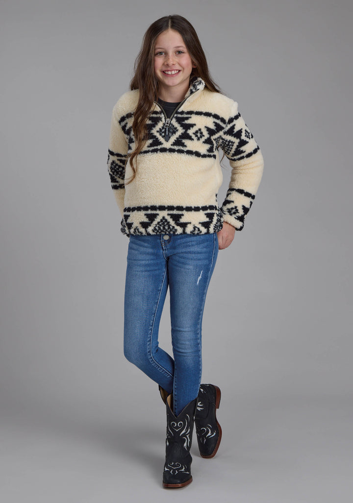 GIRLS BLACK CREAM AZTEC STRIPE SNAP JACKET