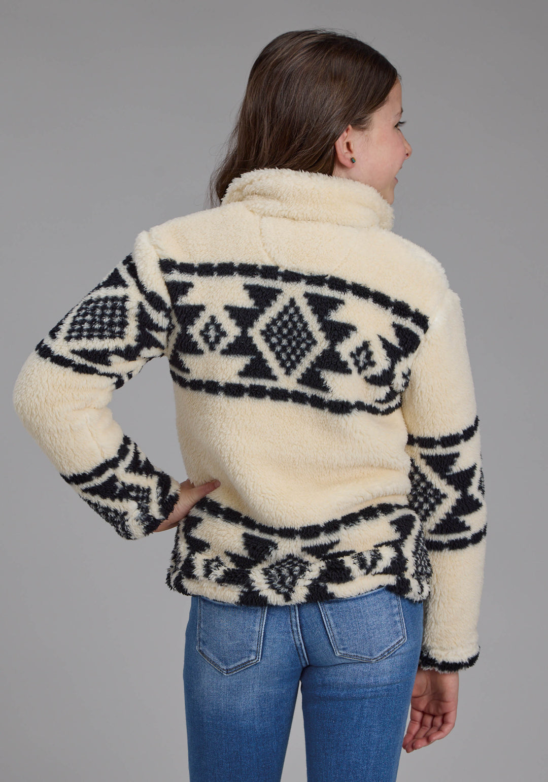 GIRLS BLACK CREAM AZTEC STRIPE SNAP JACKET