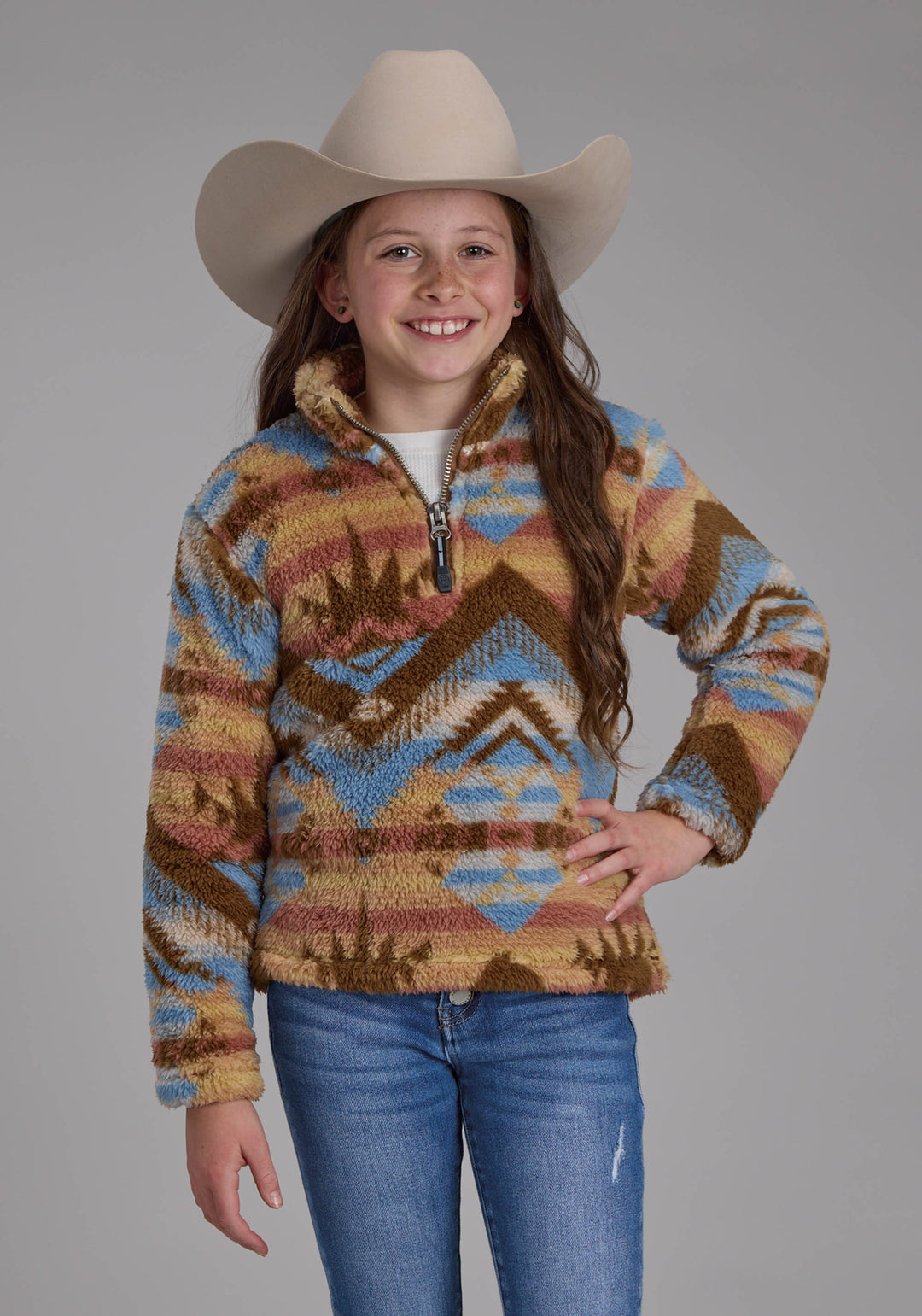 GIRLS BROWN AZTEC PRINT SNAP JACKET