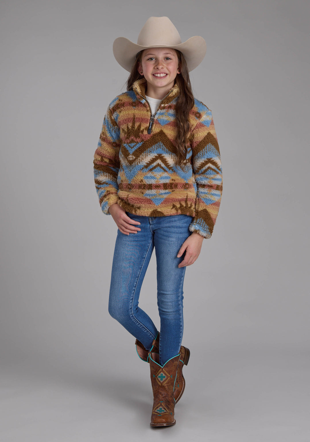 GIRLS BROWN AZTEC PRINT SNAP JACKET
