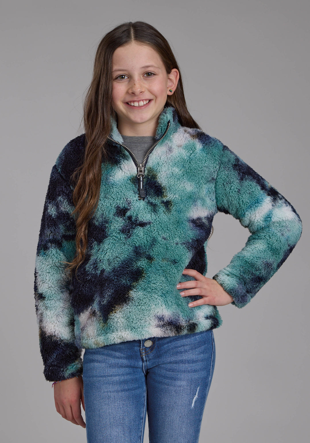 GIRLS BLUE TIE DYE POLAR FLEECE SNAP JACKET