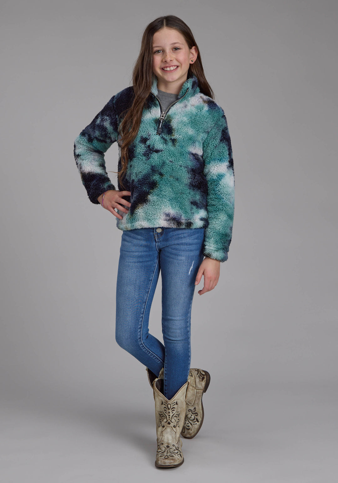 GIRLS BLUE TIE DYE POLAR FLEECE SNAP JACKET