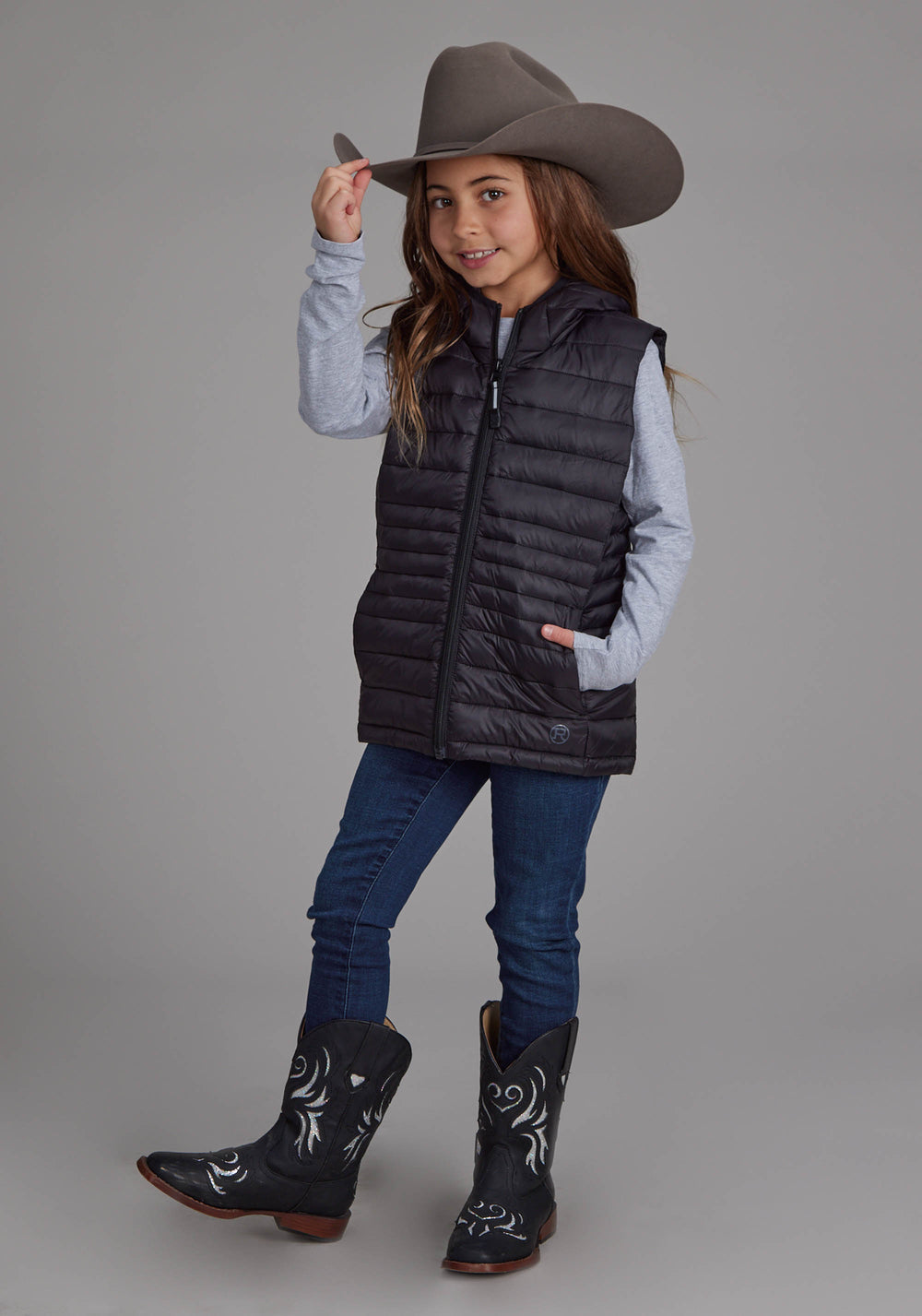 GIRLS BLACK NYLON HOODED ZIPPER VEST