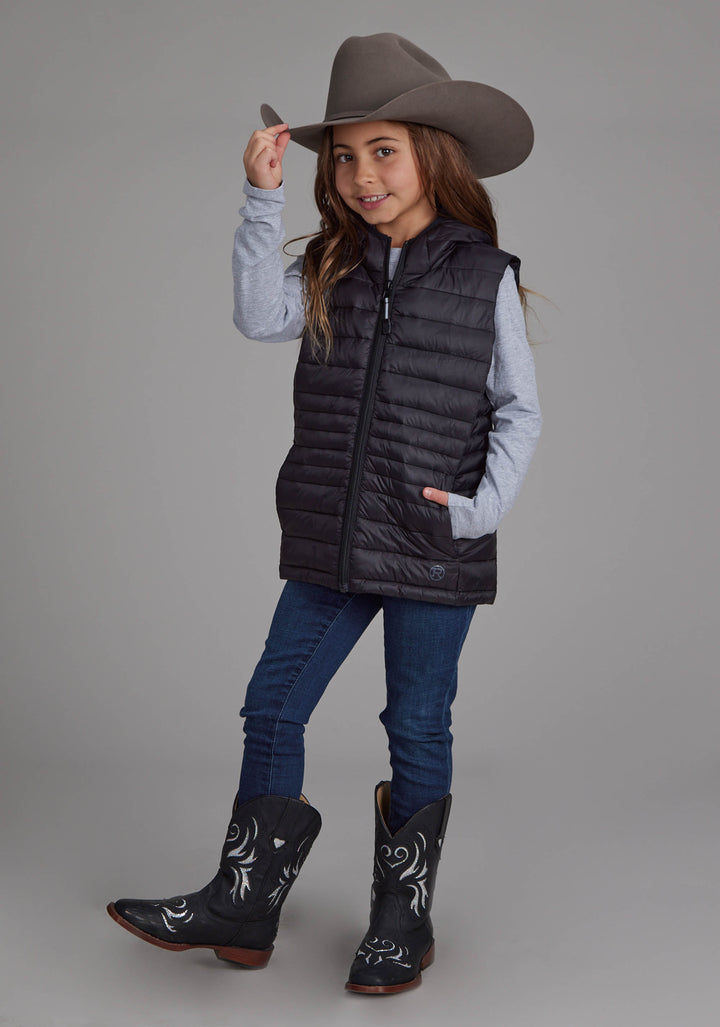 GIRLS BLACK NYLON HOODED ZIPPER VEST