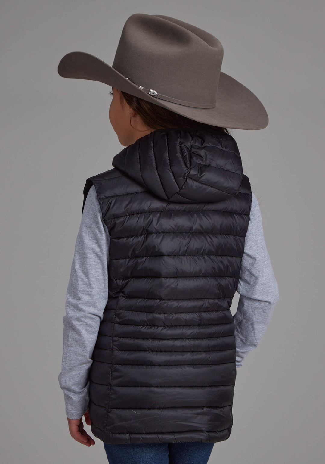 GIRLS BLACK NYLON HOODED ZIPPER VEST