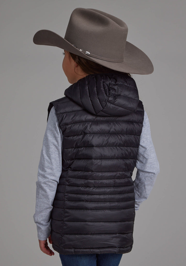 GIRLS BLACK NYLON HOODED ZIPPER VEST