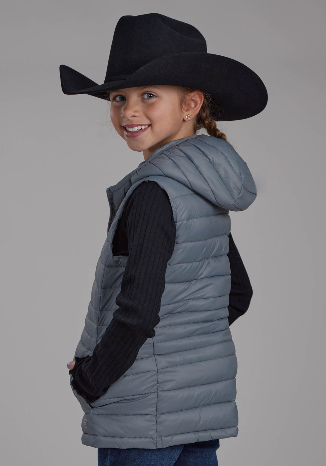 GIRLS SILVER BLUE HOODED ZIPPER VEST
