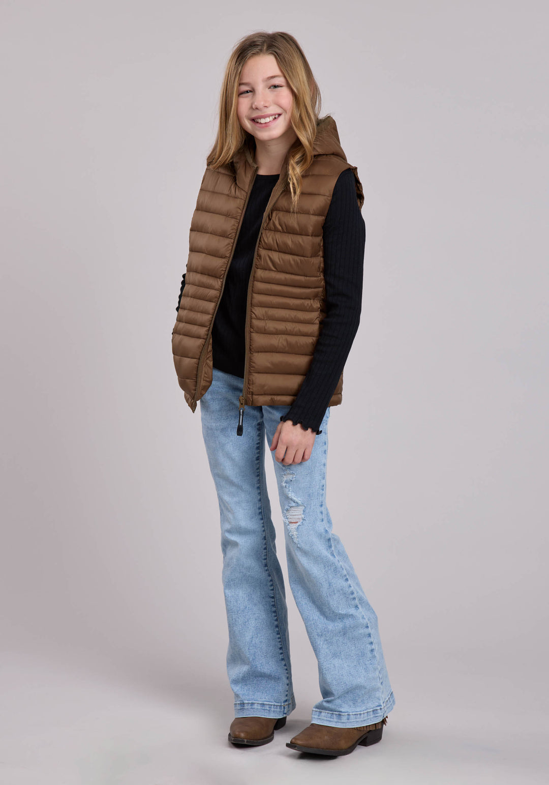 GIRLS VEST ZIPPER NYLON PARACHUTE HOODED WESTERN VEST