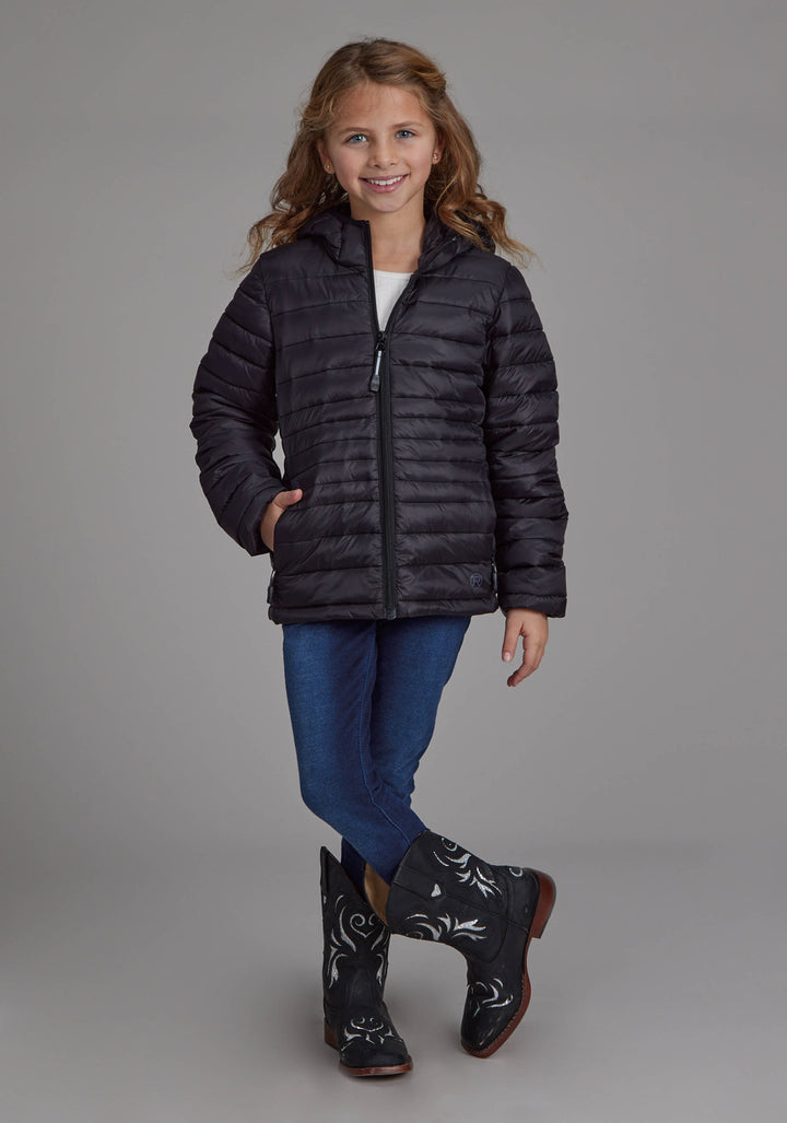 GIRLS BLACK NYLON HOODED COAT ZIPPER JACKET
