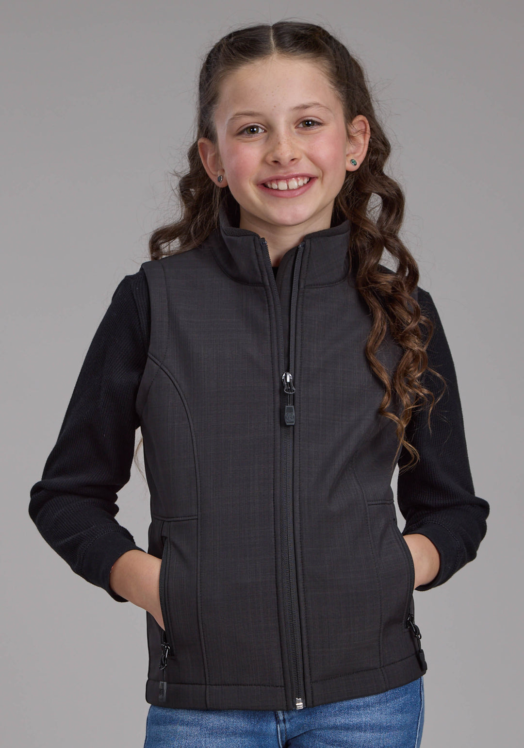 GIRLS CHARCOAL HEATHER WITH BLACK FLEECE ZIPPER VEST