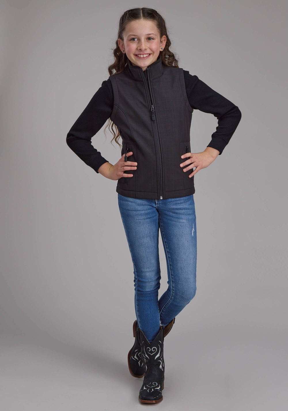 GIRLS CHARCOAL HEATHER WITH BLACK FLEECE ZIPPER VEST