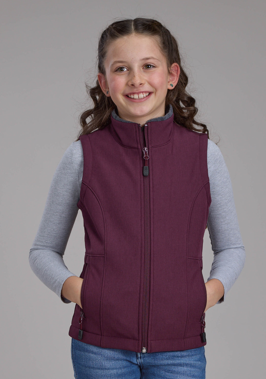 GIRLS WINE HEATHER WITH GRAY FLEECE ZIPPER VEST