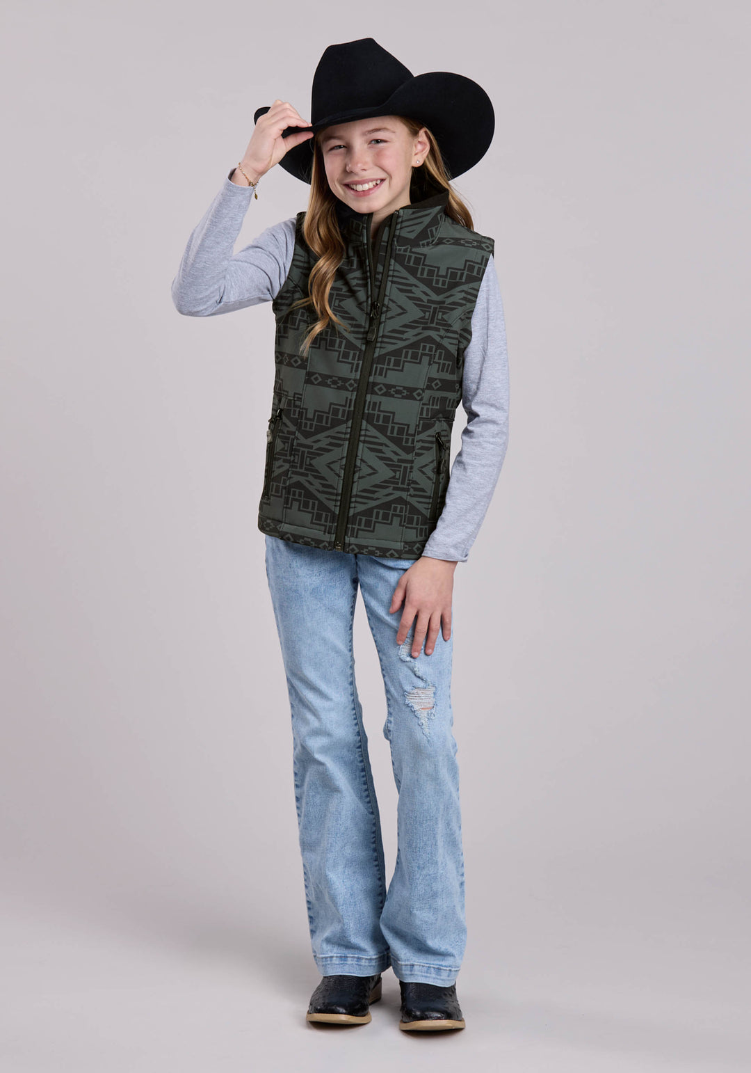 GIRLS ROPER CHARCOAL AND BLACK AZTEC PRINT WESTERN JACKET
