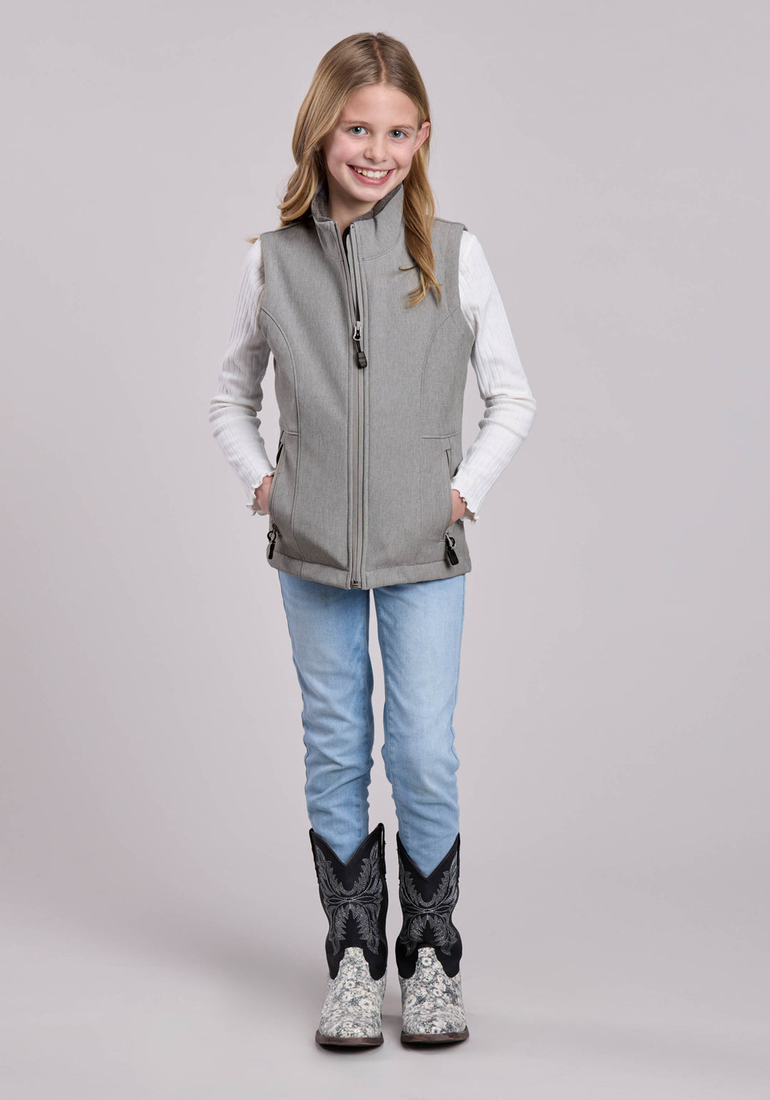 GIRLS VEST ZIPPER CREAM GREY STRIPE WESTERN VEST